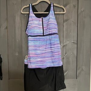 Striped Purple and Blue Tank Top with Black Skirt swim suit